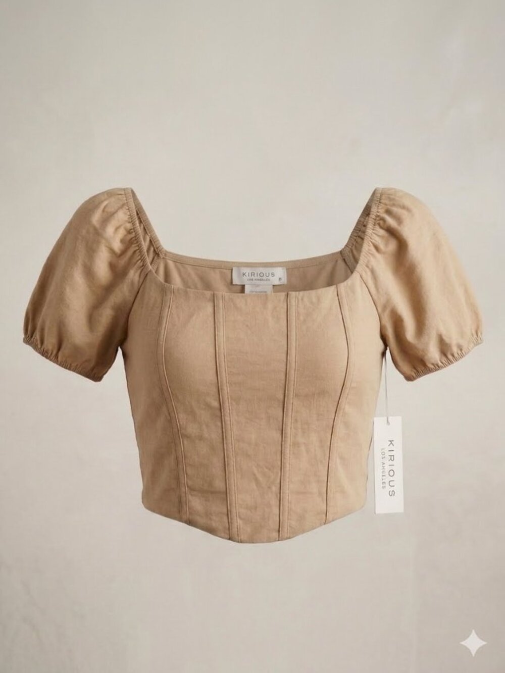 KIRIOUS LOS ANGELES Tan Smocked Puff Sleeve Peasant Cottagecore Crop Top 3474